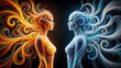 © Tania - Two ethereal figures, one fiery orange and the other icy blue, face each other in swirling, stylized forms against a dark background