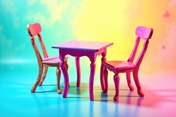 Poster - A pink table and two pink chairs are arranged in a room