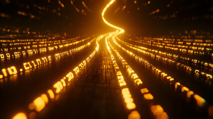 Abstract Golden Data Stream in Dark Digital Landscape