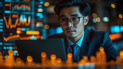 Poster - Focused Asian businessman analyzing financial data on laptop