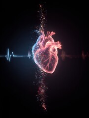 Aufkleber - EKG Line Transitions Into a Glowing Heart Symbolizing Life and Vitality Against a Dark Background