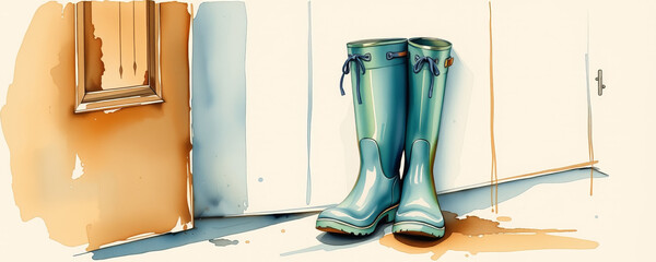 Poster - Charming watercolor painting of green rain boots standing against wall with warm tones