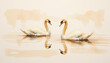 © thien - Two elegant swan swimming on calm water with soft reflection and warm tones