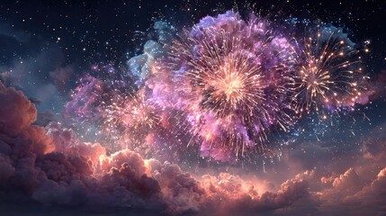 a dramatic firework exploding in a spiral pattern, vibrant purples and blues mixing with white spark