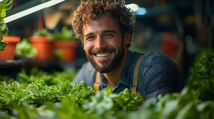 Poster - Smiling man inspecting a thriving urban rooftop farm