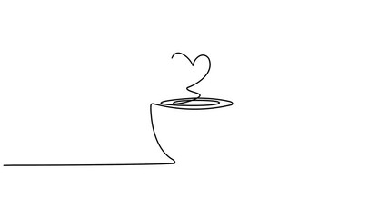 Poster - Coffee cup with heart shape continuous line drawn animated video. Hot drink linear symbol animation.