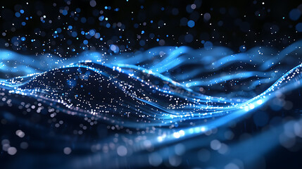 Leinwandbilder - Abstract blue waves flow across a dark background, illuminated by glowing particles, creating a dynamic and futuristic design with a sense of motion and energy