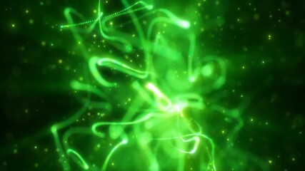 Poster - Glowing green light trails and particles creating a dynamic and luminous abstract background