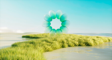Poster - Futuristic 3d landscape background with circle crystal glass. Sustainable technology concept
