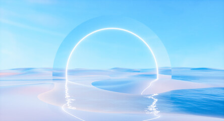 Poster - Futuristic 3d landscape background with circle neon light. Innovation technology concept
