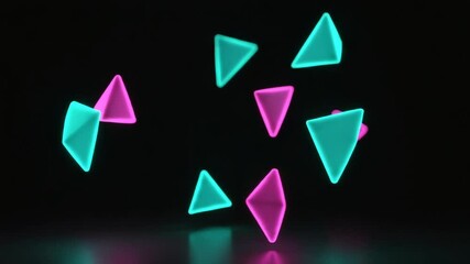 Animated Neon Triangles Floating in Dark Space with Pink and Teal Colors Reflective Surface