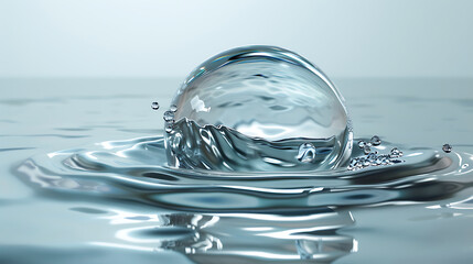 Poster - A large water drop creates a splash and ripples on the surface of the water, with smaller droplets scattered around the point of impact in a serene and clean environment