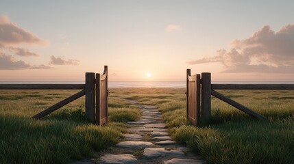 Wall Mural - Open Wooden Gate Leading to a Vast Empty Sunset Field