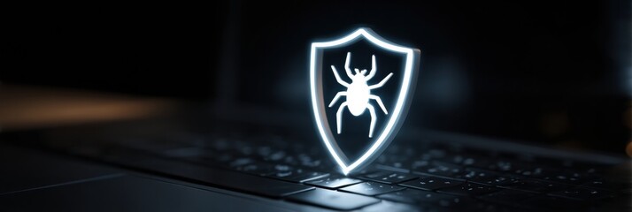 Poster - Pulsing Antivirus Shield Deflects Phishing Threat From a Computer in a Dimly Lit Environment
