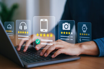 Poster - Analyzing customer feedback and ratings on multiple digital platforms a person evaluates product performance for informed business decisions