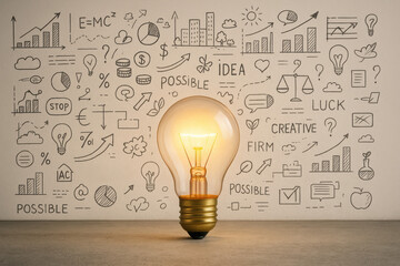 Poster - A glowing incandescent light bulb symbolizes innovation and creativity illuminating ideas and potential in business growth and success