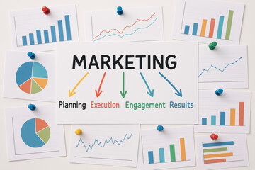 Poster - This marketing concept visually represents strategic planning execution engagement and measurable business results through colorful charts and arrows