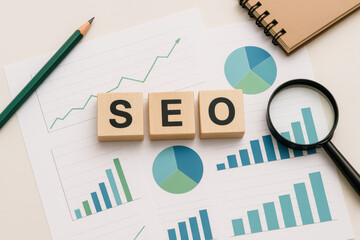 Poster - Strategic growth analysis is highlighted by wooden blocks spelling SEO amid business charts graphs and office tools for planning success