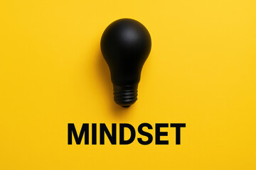 Poster - A bold concept innovation and insight is represented by a black light bulb against a vibrant yellow background symbolizing mindset and creativity in business