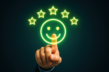 Poster - a pressing a glowing neon icon illustrates customer satisfaction and feedback highlighting positive 