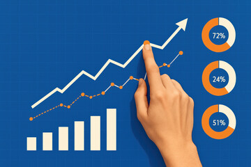 Poster - Growth and progress are illustrated by a pointing at an ascending graph on a grid background symbolizing business success