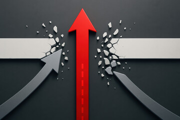 Poster - A bold red arrow breaks through barriers as contrasting grey arrows collide and shatter symbolizing decisive leadership and breakthrough progress in business