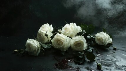 Poster - Ethereal White Roses Surrounded by Soft Mist on Dark Surface for Serenity and Beauty 4k video footage