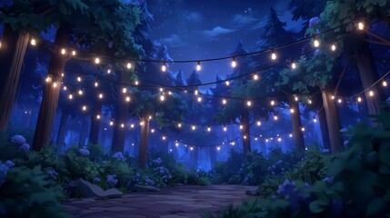 Wall Mural - Enchanting Night Forest Path  Fairy Lights  Trees  Nature Scene