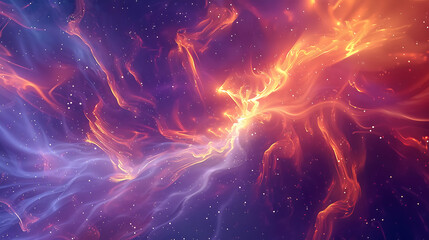 Poster - A vibrant nebula swirls with fiery orange and deep violet hues, speckled with distant stars, creating a mesmerizing cosmic dance of light and color in the vast expanse of space