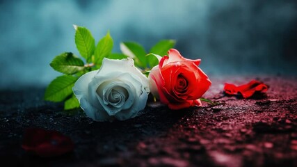 Poster - soft white roses surrounded by mist and petals in a dreamy atmosphere 4k video footage