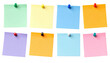 © TransPicHub - Eight colorful square sticky notes pinned in two rows, featuring green, yellow, blue, orange, purple, black, white, and pink notes.
