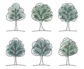 Poster - Six Simple Tree Illustrations with Green Foliage and Black Outlines on a White Background for Nature and Design Projects