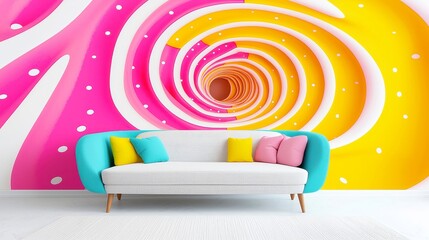 Poster - Psychedelic Dot Swirl Mural, a vibrant explosion of vintage neon colors and dynamic patterns, perfect for modern spaces seeking an energetic and artistic flair.