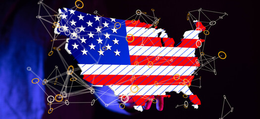 Aufkleber - Abstract digital map of the USA with network connections. Perfect for technology, communication, and American themes.