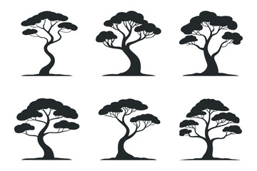 Poster - Set of Six Tree Silhouettes with Rounded Crown and Curved Trunk Isolated on White Background for Landscape Design and Nature Illustrations