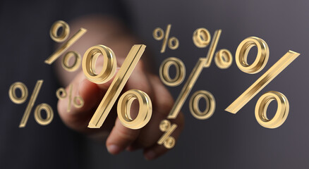 Poster - Image of golden percentage symbols floating above a finger, ideal for finance, discount, and sale concepts.