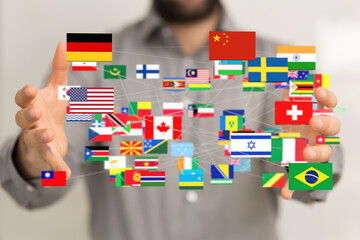 Aufkleber - Image of a person holding a network of interconnected flags representing global collaboration.
