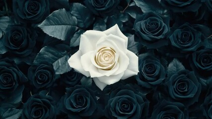 Poster - elegant white rose surrounded by dark roses and green leaves in a serene floral arrangement 4k video