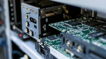 Poster - A close-up shot of various electronic components and devices on a shelf.