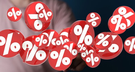 Poster - 3D rendered image of red percentage symbols floating in the air. Ideal for discount, sale, and finance concepts.