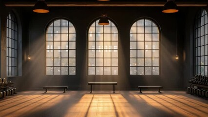 Poster - sunlight streaming through large windows in a modern indoor space with wooden floor and rows of benc