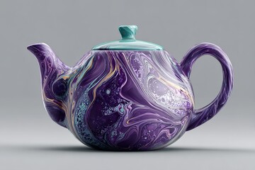 Poster - Colorful ceramic teapot with abstract swirl pattern displayed on a neutral background