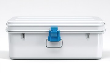 Poster - Metal storage box with blue latch ideal for organizing tools, supplies, and outdoor gear