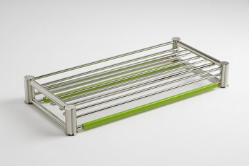 Poster - Rack for drying dishes displays modern design with stainless steel and green accents in a minimalist kitchen setting