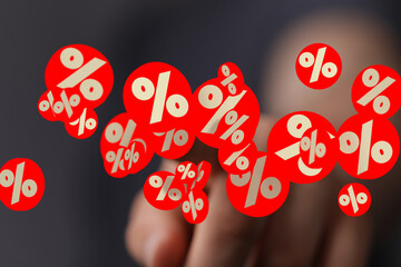 Poster - Abstract image of hand interacting with floating percentage signs, ideal for discount, sale, finance concepts.