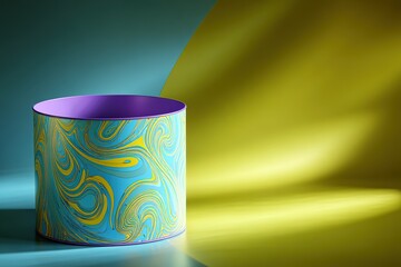 Poster - Colorful decorative container with marbled design on a blue and yellow background