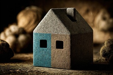 Poster - Decorative felt house with blue and brown details displayed on a rustic wooden surface near natural elements