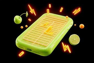 Fototapete - Vibrant neon smartphone design featuring fruits and electric elements for modern technology appeal