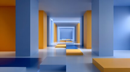 Poster - Abstract Blue and Orange Geometric Interior Design  3D Render  Modern Architecture