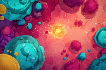 Poster - Colorful abstract landscape featuring vibrant layers and glowing elements in a whimsical setting